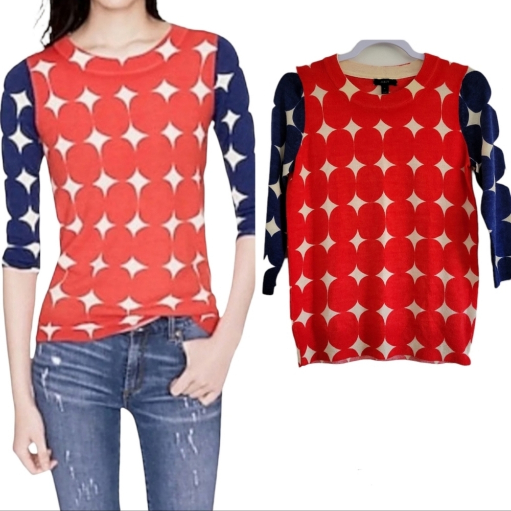 J.Crew Merino Wool Red Blue Polka-dot 3/4 Sleeve Sweater Knit S